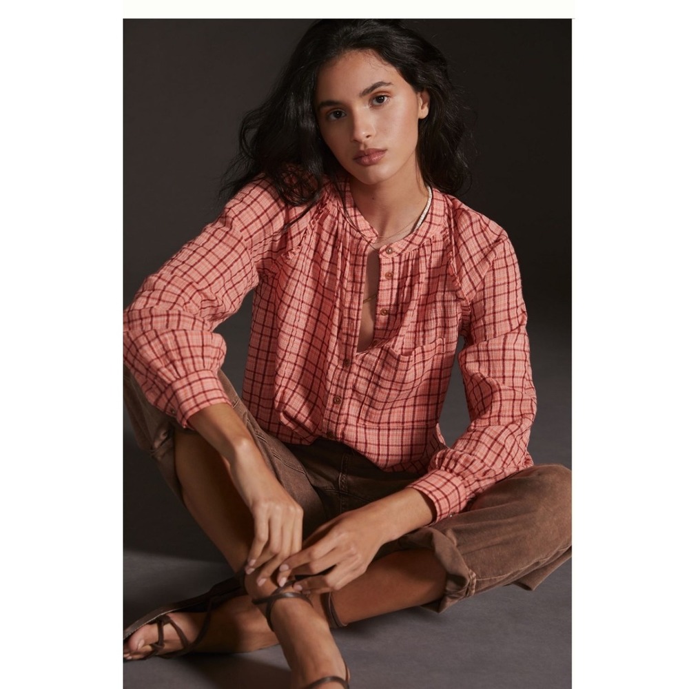 Anthropologie Pink Checkered Button Down Shirt